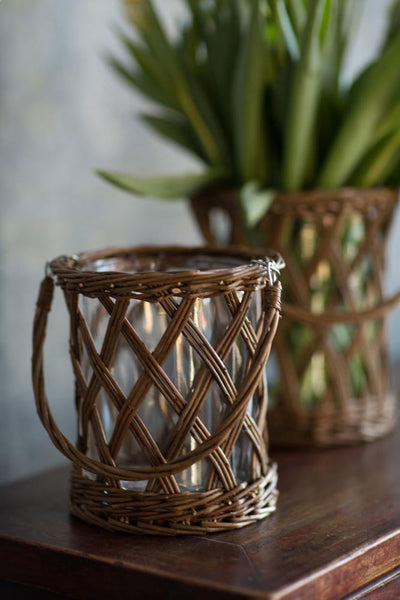 Vagabond Vintage Thick Glass and Wicker Vase with Handle | Modishstore | Vases