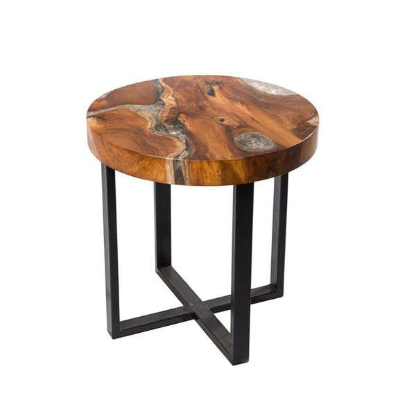 Round Teak & Resin Infused Accent Side Table Brown/Ochre/White  by Aire Furniture