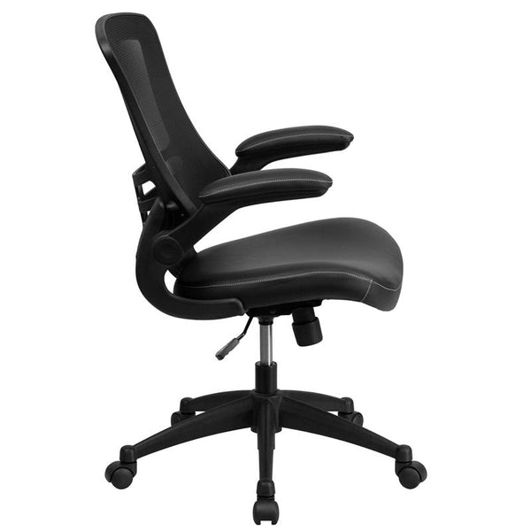 Desk Chair With Wheels | Swivel Chair With Mid-Back Black Mesh And Leathersoft Seat For Home Office And Desk By Flash Furniture | Office Chairs | Modishstore - 2