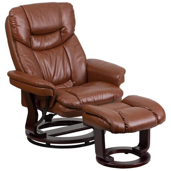 Contemporary Multi-Position Recliner And Curved Ottoman With Swivel Mahogany Wood Base In Brown Vintage Leathersoft By Flash Furniture | Chairs & Recliners | Modishstore
