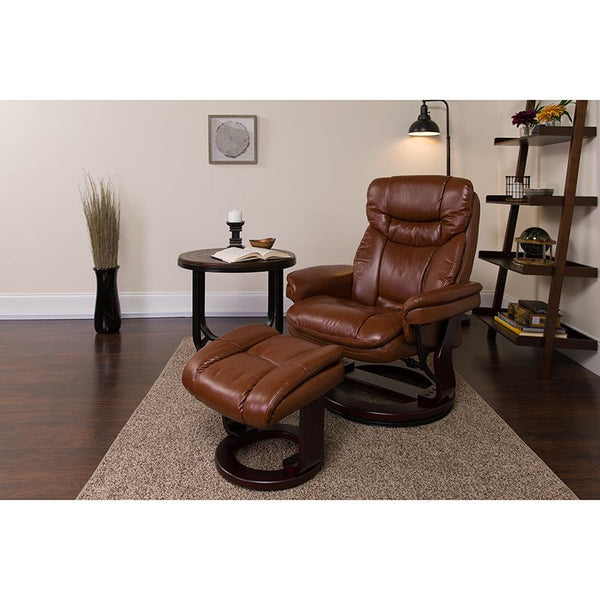 Contemporary Multi-Position Recliner And Curved Ottoman With Swivel Mahogany Wood Base In Brown Vintage Leathersoft By Flash Furniture | Chairs & Recliners | Modishstore - 2