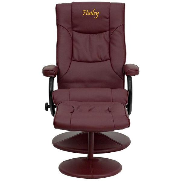 Personalized Contemporary Multi-Position Recliner And Ottoman With Wrapped Base In Burgundy Leathersoft By Flash Furniture | Chairs & Recliners | Modishstore