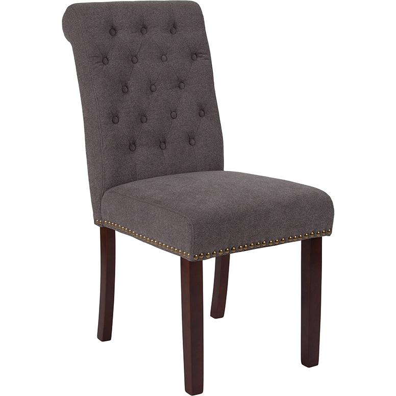 Hercules Series Dark Gray Fabric Parsons Chair With Rolled Back, Accent Nail Trim And Walnut Finish By Flash Furniture | Dining Chairs | Modishstore