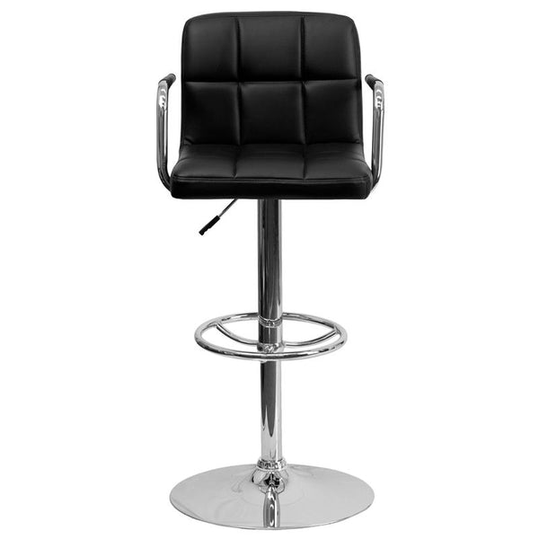 Contemporary Black Quilted Vinyl Adjustable Height Barstool With Arms And Chrome Base By Flash Furniture | Bar Stools | Modishstore - 4