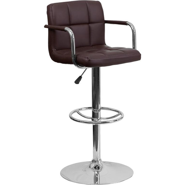 Contemporary Brown Quilted Vinyl Adjustable Height Barstool With Arms And Chrome Base By Flash Furniture | Bar Stools | Modishstore