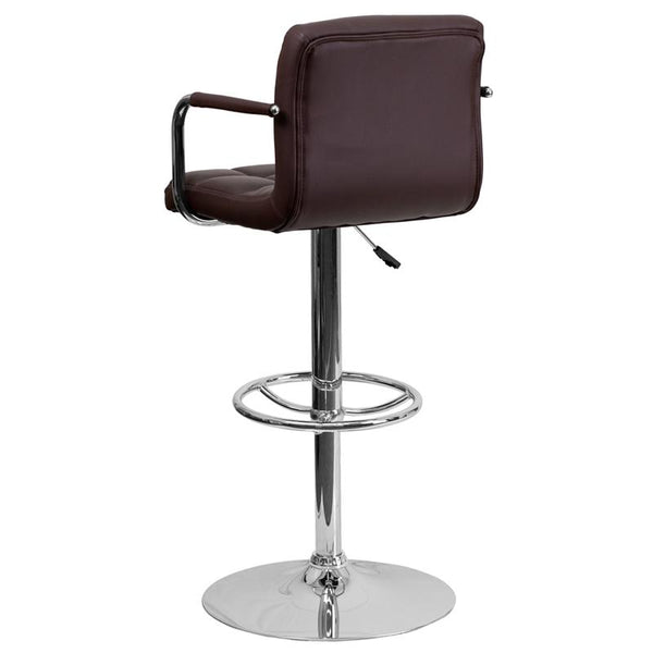 Contemporary Brown Quilted Vinyl Adjustable Height Barstool With Arms And Chrome Base By Flash Furniture | Bar Stools | Modishstore - 3