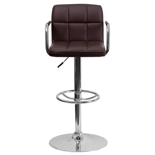 Contemporary Brown Quilted Vinyl Adjustable Height Barstool With Arms And Chrome Base By Flash Furniture | Bar Stools | Modishstore - 4