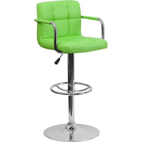 Contemporary Green Quilted Vinyl Adjustable Height Barstool With Arms And Chrome Base By Flash Furniture | Bar Stools | Modishstore