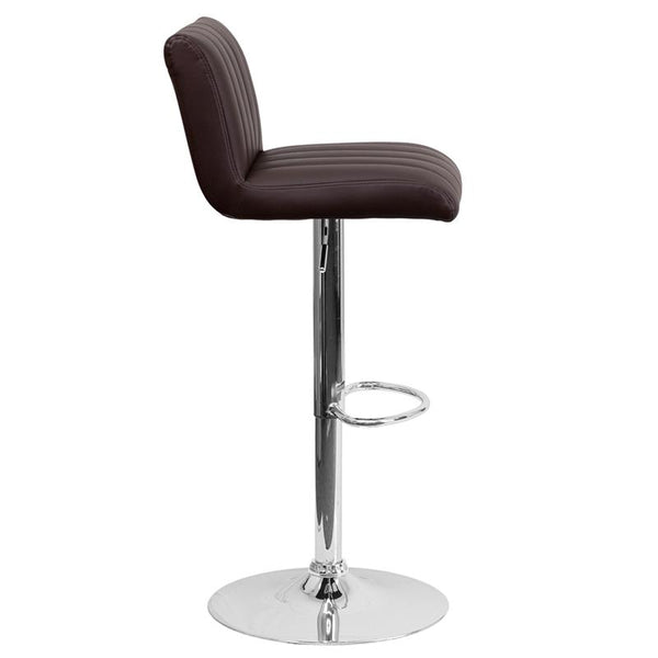 Contemporary Brown Vinyl Adjustable Height Barstool With Vertical Stitch Back/Seat And Chrome Base By Flash Furniture | Bar Stools | Modishstore - 2