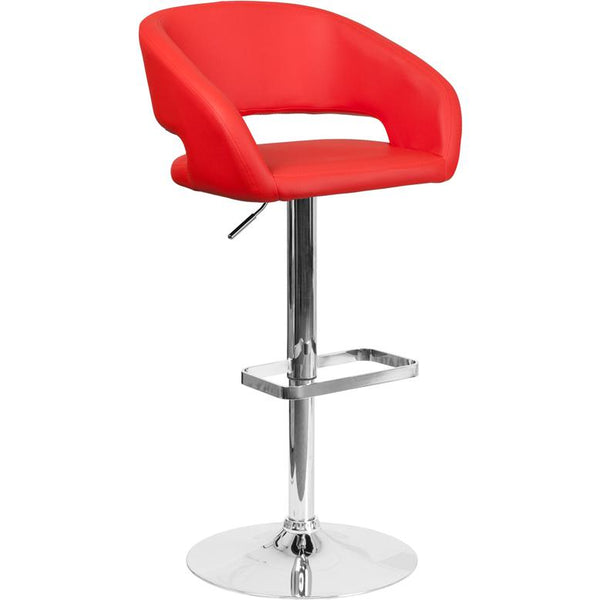 Contemporary Red Vinyl Adjustable Height Barstool With Rounded Mid-Back And Chrome Base By Flash Furniture | Bar Stools | Modishstore