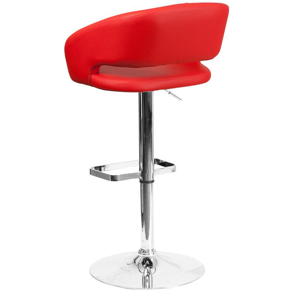 Contemporary Red Vinyl Adjustable Height Barstool With Rounded Mid-Back And Chrome Base By Flash Furniture | Bar Stools | Modishstore - 3