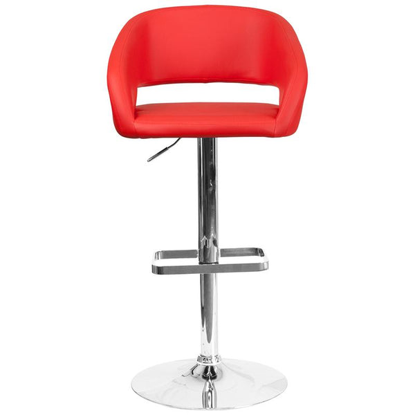 Contemporary Red Vinyl Adjustable Height Barstool With Rounded Mid-Back And Chrome Base By Flash Furniture | Bar Stools | Modishstore - 4