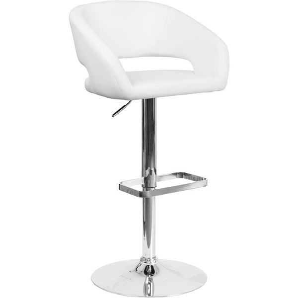 Contemporary White Vinyl Adjustable Height Barstool With Rounded Mid-Back And Chrome Base By Flash Furniture | Bar Stools | Modishstore