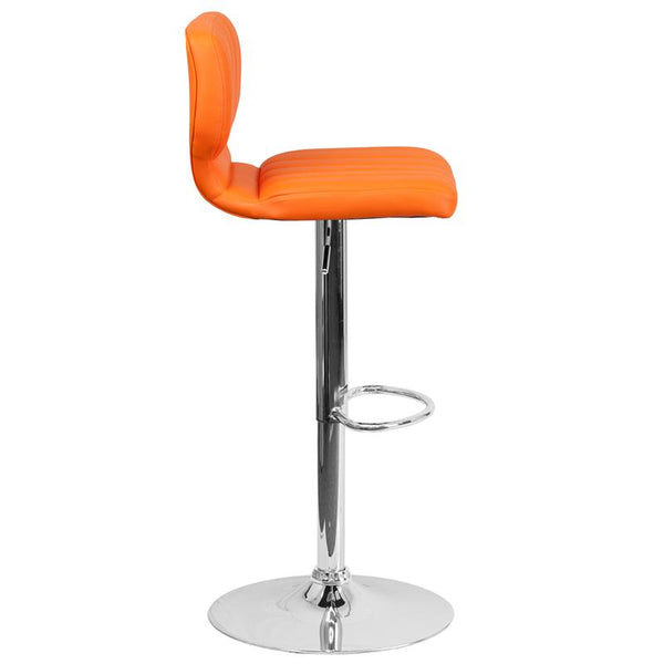 Contemporary Orange Vinyl Adjustable Height Barstool With Vertical Stitch Back And Chrome Base By Flash Furniture | Bar Stools | Modishstore - 2