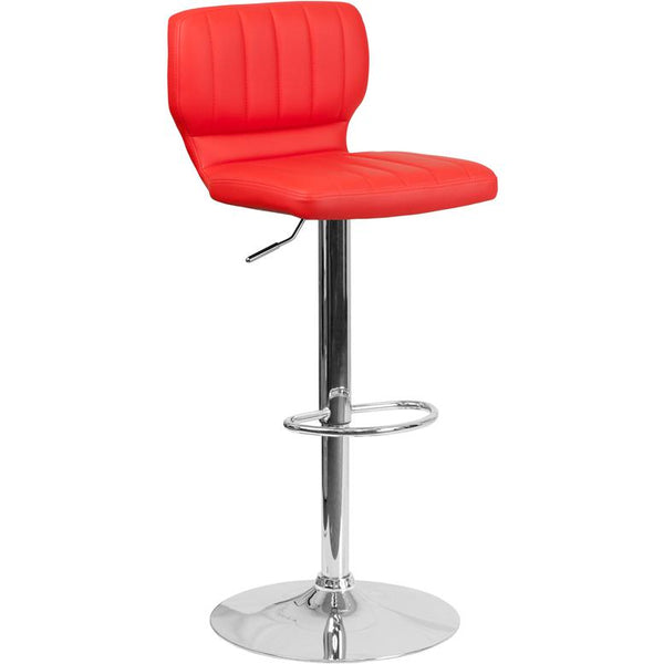 Contemporary Red Vinyl Adjustable Height Barstool With Vertical Stitch Back And Chrome Base By Flash Furniture | Bar Stools | Modishstore