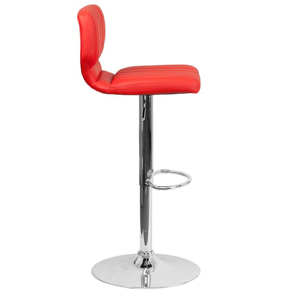 Contemporary Red Vinyl Adjustable Height Barstool With Vertical Stitch Back And Chrome Base By Flash Furniture | Bar Stools | Modishstore - 2