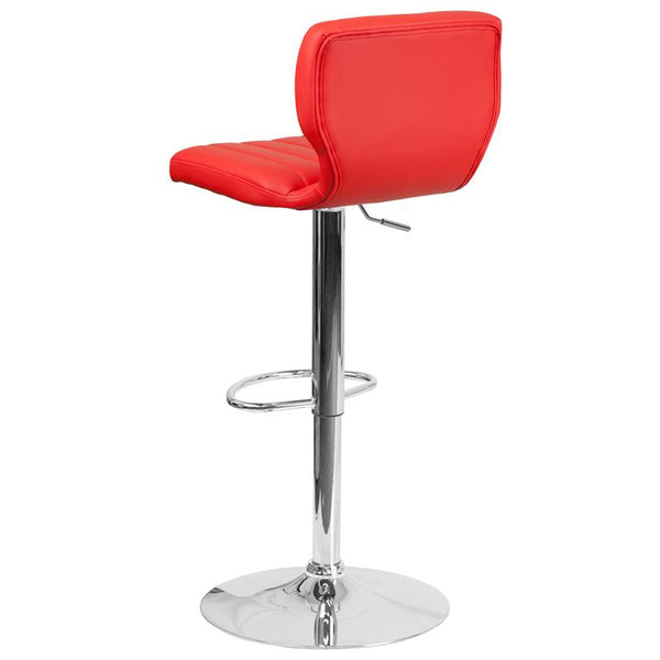 Contemporary Red Vinyl Adjustable Height Barstool With Vertical Stitch Back And Chrome Base By Flash Furniture | Bar Stools | Modishstore - 3