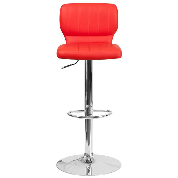 Contemporary Red Vinyl Adjustable Height Barstool With Vertical Stitch Back And Chrome Base By Flash Furniture | Bar Stools | Modishstore - 4