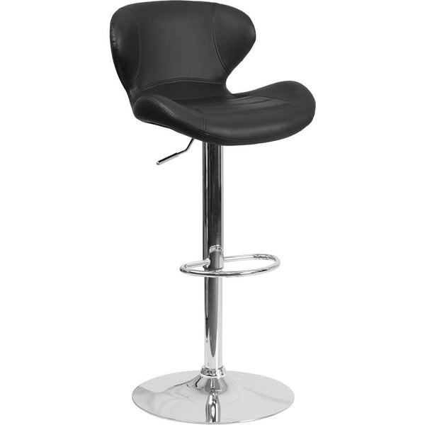 Contemporary Black Vinyl Adjustable Height Barstool With Curved Back And Chrome Base By Flash Furniture | Bar Stools | Modishstore