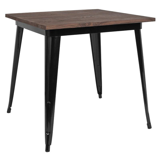 31.5" Square Black Metal Indoor Table With Walnut Rustic Wood Top By Flash Furniture | Dining Tables | Modishstore