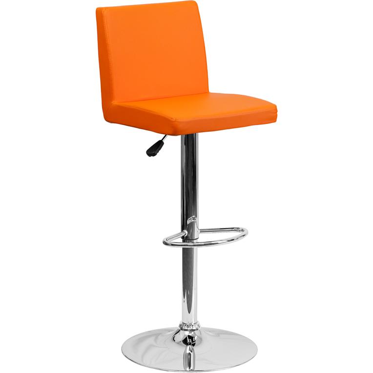 Contemporary Orange Vinyl Adjustable Height Barstool With Panel Back And Chrome Base By Flash Furniture | Bar Stools | Modishstore