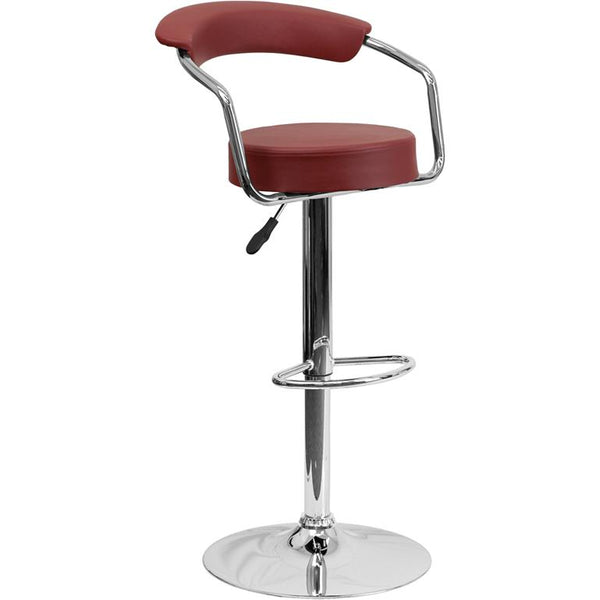 Contemporary Burgundy Vinyl Adjustable Height Barstool With Arms And Chrome Base By Flash Furniture | Bar Stools | Modishstore