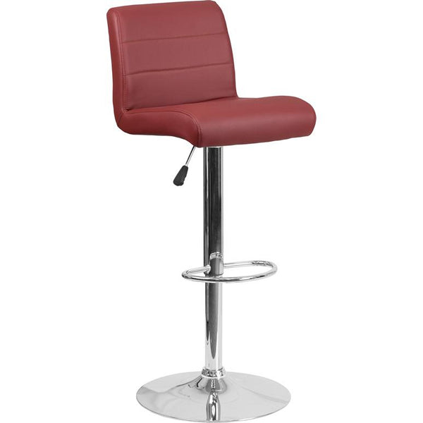 Contemporary Burgundy Vinyl Adjustable Height Barstool With Rolled Seat And Chrome Base By Flash Furniture | Bar Stools | Modishstore
