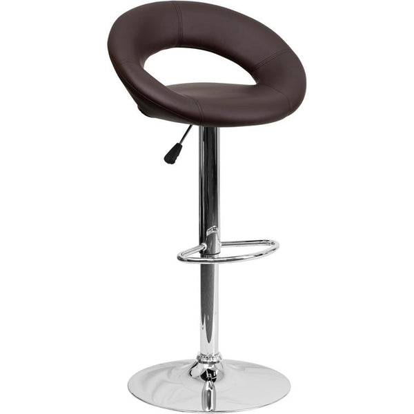 Contemporary Brown Vinyl Rounded Orbit-Style Back Adjustable Height Barstool With Chrome Base By Flash Furniture | Bar Stools | Modishstore