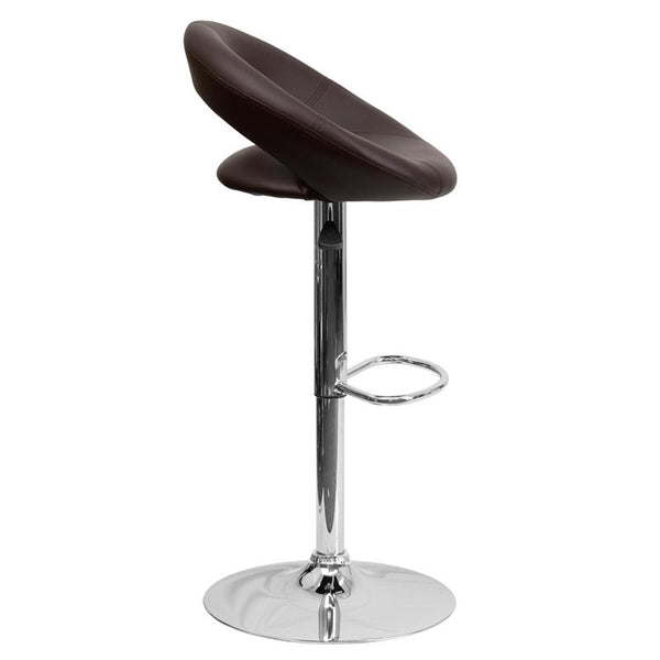 Contemporary Brown Vinyl Rounded Orbit-Style Back Adjustable Height Barstool With Chrome Base By Flash Furniture | Bar Stools | Modishstore - 2