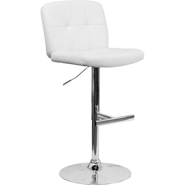 Contemporary White Vinyl Adjustable Height Barstool With Square Tufted Back And Chrome Base By Flash Furniture | Bar Stools | Modishstore