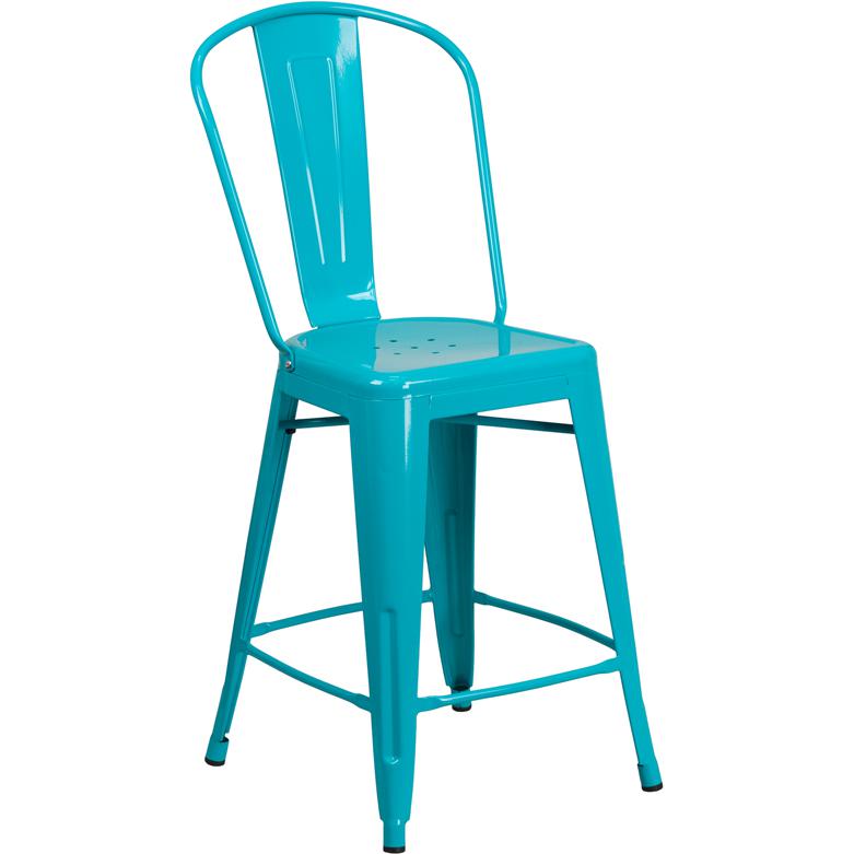 Commercial Grade 24" High Crystal Teal-Blue Metal Indoor-Outdoor Counter Height Stool With Back By Flash Furniture | Dining Chairs | Modishstore