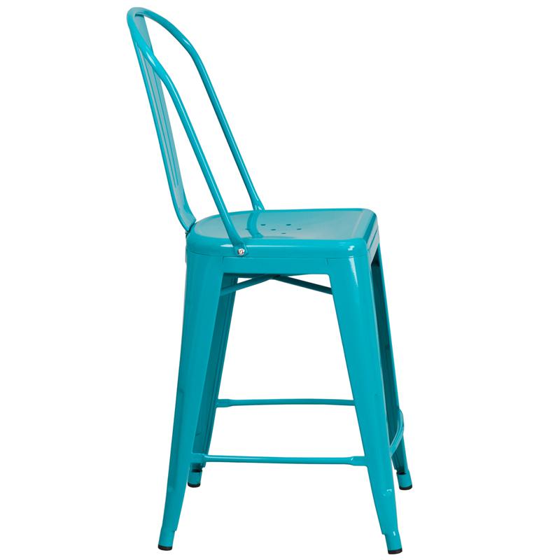 Commercial Grade 24" High Crystal Teal-Blue Metal Indoor-Outdoor Counter Height Stool With Back By Flash Furniture | Dining Chairs | Modishstore - 2