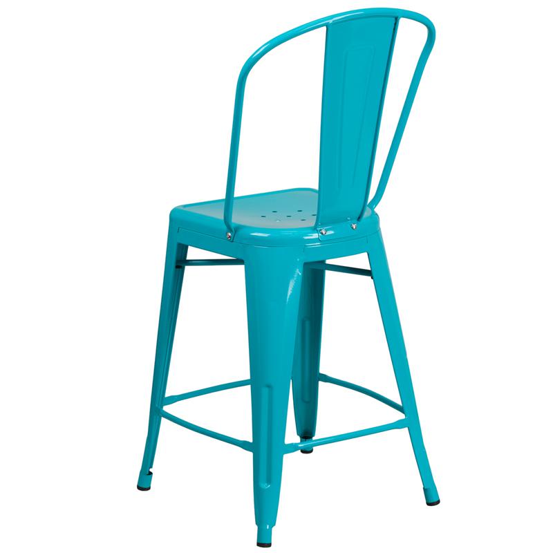 Commercial Grade 24" High Crystal Teal-Blue Metal Indoor-Outdoor Counter Height Stool With Back By Flash Furniture | Dining Chairs | Modishstore - 3