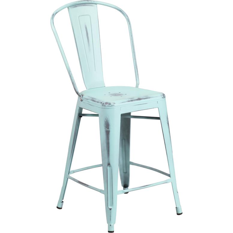 Commercial Grade 24" High Distressed Green-Blue Metal Indoor-Outdoor Counter Height Stool With Back By Flash Furniture | Dining Chairs | Modishstore