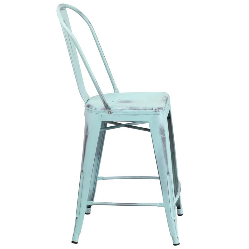 Commercial Grade 24" High Distressed Green-Blue Metal Indoor-Outdoor Counter Height Stool With Back By Flash Furniture | Dining Chairs | Modishstore - 2