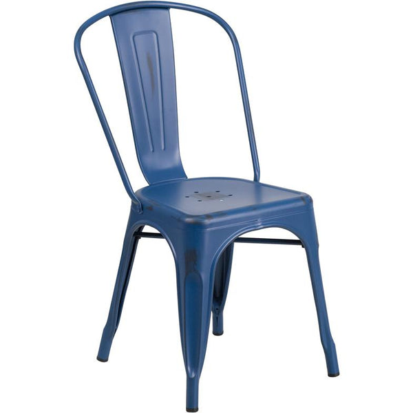 Commercial Grade Distressed Antique Blue Metal Indoor-Outdoor Stackable Chair By Flash Furniture | Dining Chairs | Modishstore