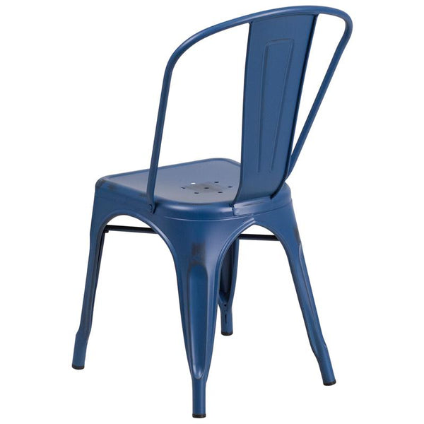 Commercial Grade Distressed Antique Blue Metal Indoor-Outdoor Stackable Chair By Flash Furniture | Dining Chairs | Modishstore - 3