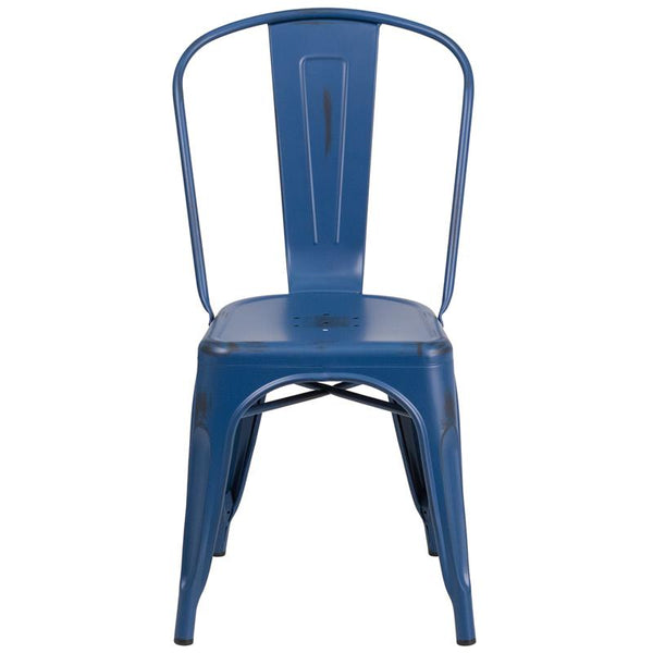 Commercial Grade Distressed Antique Blue Metal Indoor-Outdoor Stackable Chair By Flash Furniture | Dining Chairs | Modishstore - 4