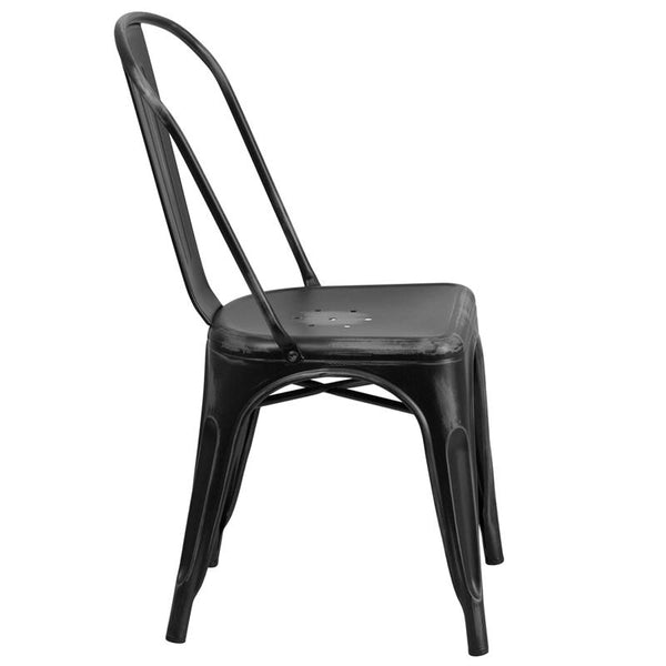Commercial Grade Distressed Black Metal Indoor-Outdoor Stackable Chair By Flash Furniture | Dining Chairs | Modishstore - 2