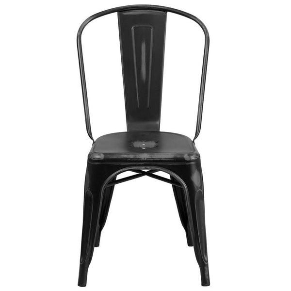 Commercial Grade Distressed Black Metal Indoor-Outdoor Stackable Chair By Flash Furniture | Dining Chairs | Modishstore - 4