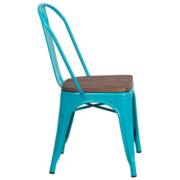 Crystal Teal-Blue Metal Stackable Chair With Wood Seat By Flash Furniture | Dining Chairs | Modishstore - 2