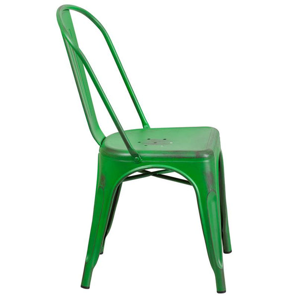 Commercial Grade Distressed Green Metal Indoor-Outdoor Stackable Chair By Flash Furniture | Dining Chairs | Modishstore - 2