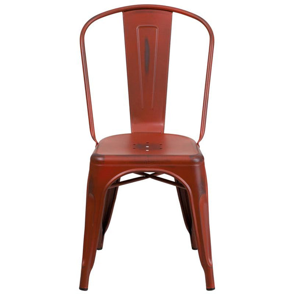 Commercial Grade Distressed Kelly Red Metal Indoor-Outdoor Stackable Chair By Flash Furniture | Dining Chairs | Modishstore - 4