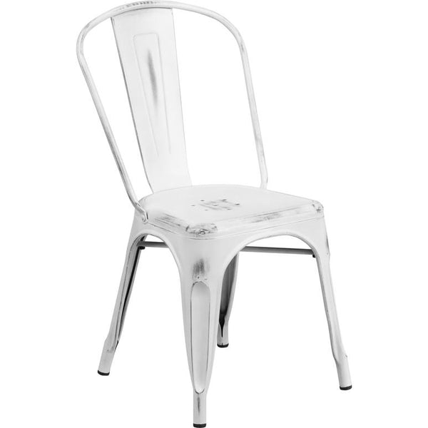 Commercial Grade Distressed White Metal Indoor-Outdoor Stackable Chair By Flash Furniture | Dining Chairs | Modishstore