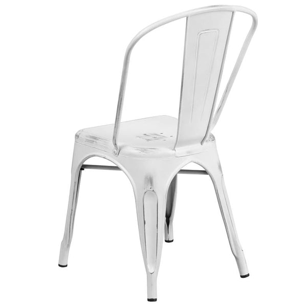Commercial Grade Distressed White Metal Indoor-Outdoor Stackable Chair By Flash Furniture | Dining Chairs | Modishstore - 3