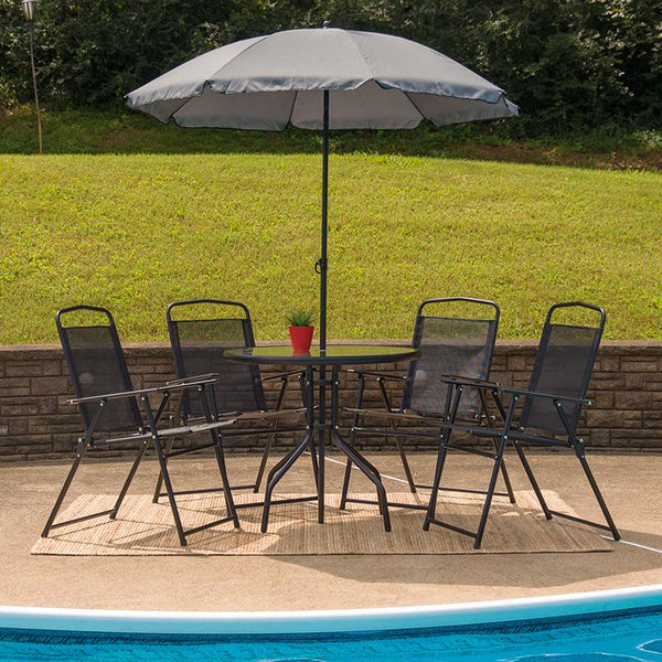 Nantucket 6 Piece Black Patio Garden Set With Table, Umbrella And 4 Folding Chairs By Flash Furniture | Outdoor Dining Sets | Modishstore