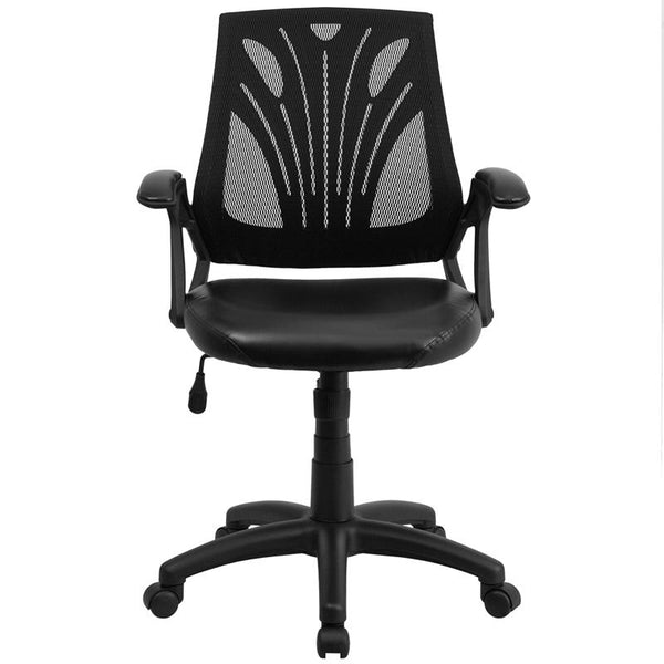 Mid-Back Designer Black Mesh Swivel Task Office Chair With Leathersoft Seat And Open Arms By Flash Furniture | Office Chairs | Modishstore - 4