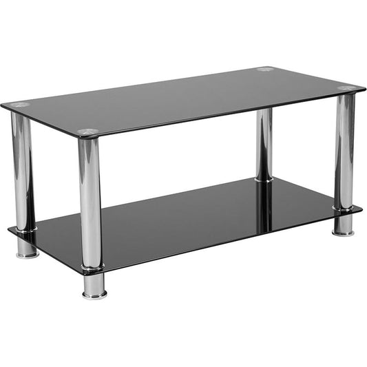 Riverside Collection Black Glass Coffee Table With Shelves And Stainless Steel Frame By Flash Furniture | Coffee Tables | Modishstore