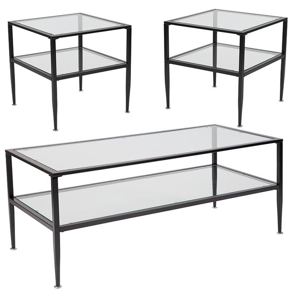 Newport Collection 3 Piece Coffee And End Table Set With Glass Tops And Black Metal Frames By Flash Furniture | End Tables | Modishstore