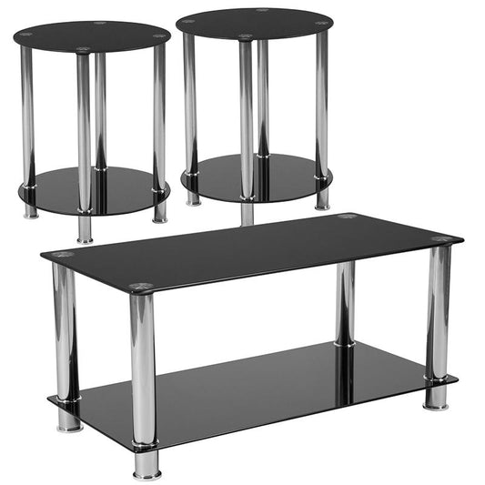 Riverside Collection 3 Piece Coffee And End Table Set With Black Glass Tops And Stainless Steel Frames By Flash Furniture | End Tables | Modishstore